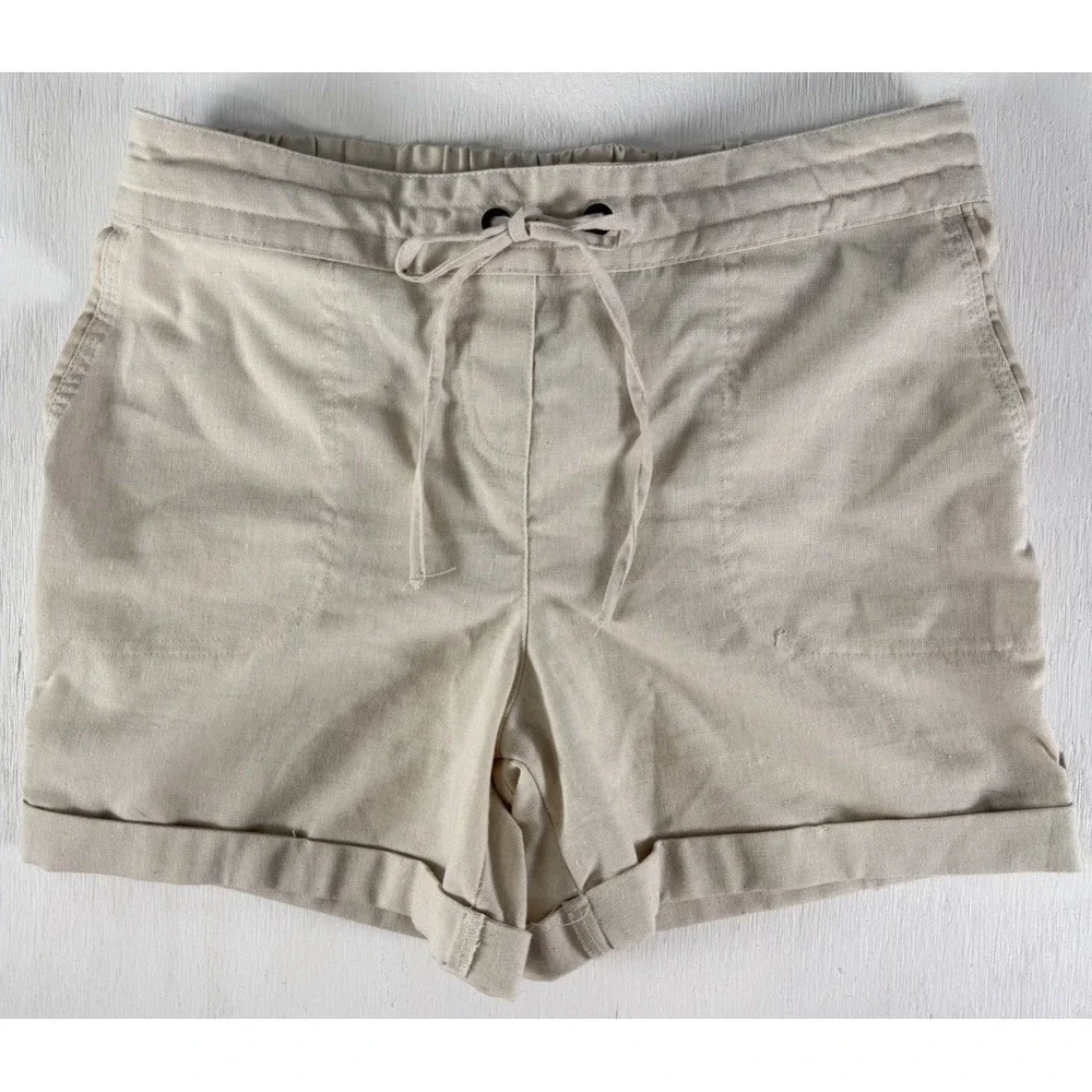 Per Se Shorts Ivory Tan‎ Linen Blend Women's Size Small Tie Elastic Coastal